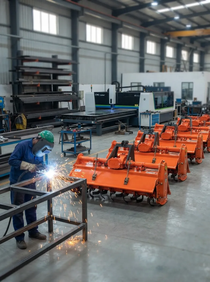 Rotavators being assembled in an implement manufacturing workshop